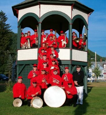 Musicians on a bandstand.